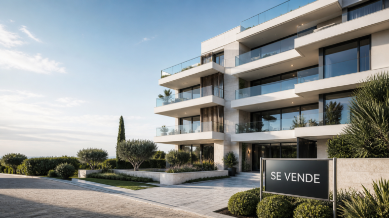 Imagen de la vivienda de lujo con un cartel de se vende